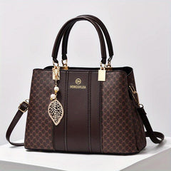 Leaf Pearl Pendant Shoulder Bag Allover Print PU Leather Crossbody Bag