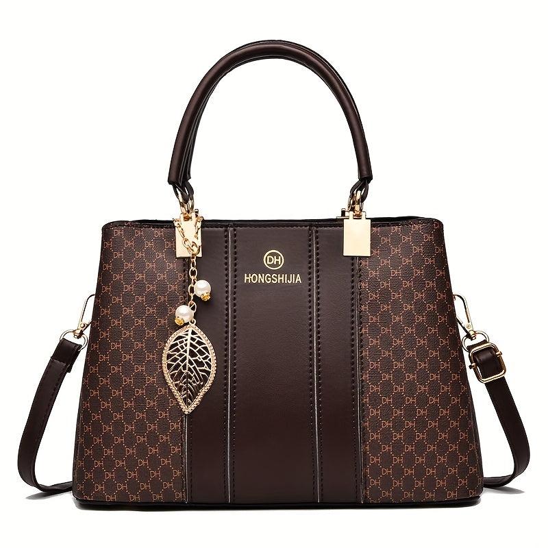 Leaf Pearl Pendant Shoulder Bag Allover Print PU Leather Crossbody Bag