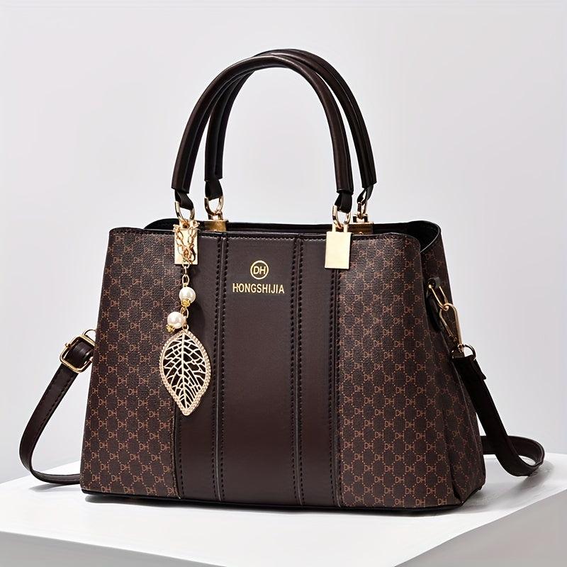 Leaf Pearl Pendant Shoulder Bag Allover Print PU Leather Crossbody Bag