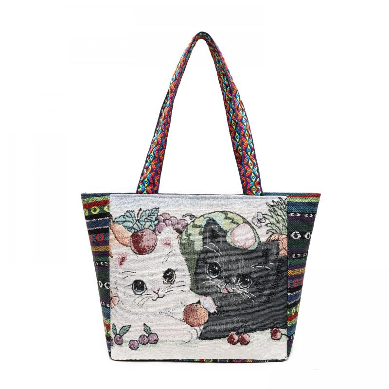 Animal Embroidery Tote Bag Retro Canvas Handbag Women's Shoulder Bag
