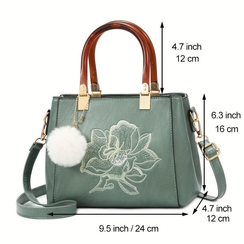 Vintage Floral Embroidery Handbag Double Handle Tote Crossbody Satchel