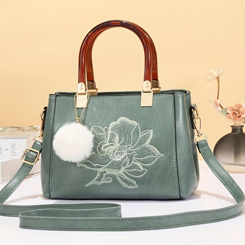 Vintage Floral Embroidery Handbag Double Handle Tote Crossbody Satchel