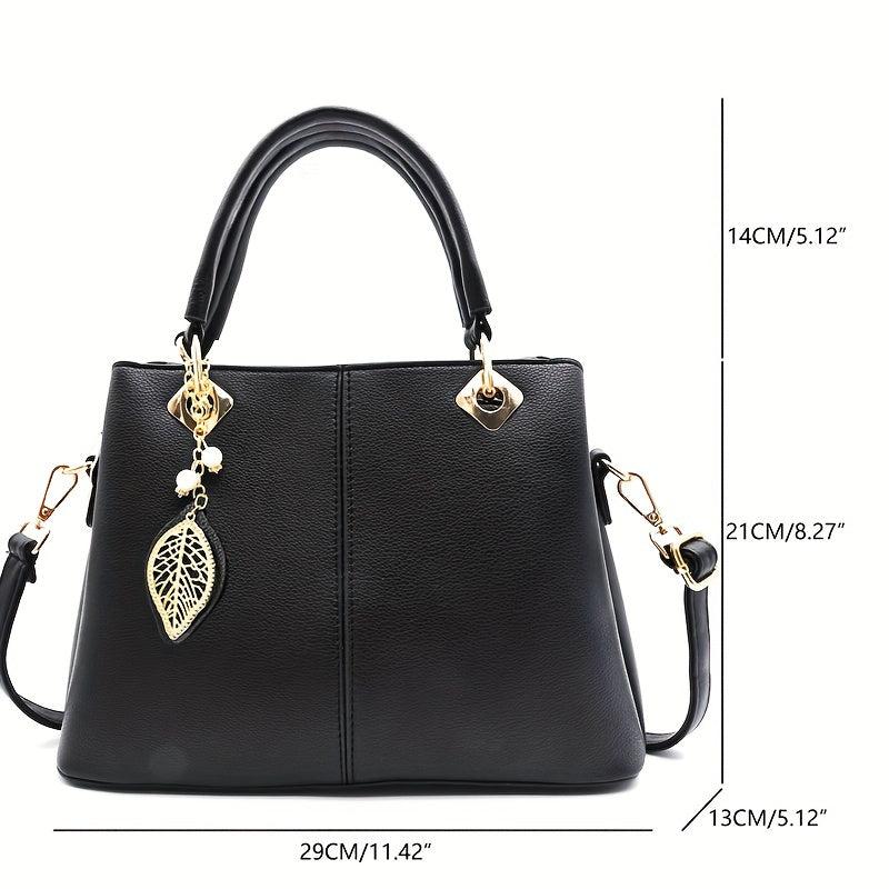 Metal Leaf Decor Tote Bag PU Leather Shoulder Bag