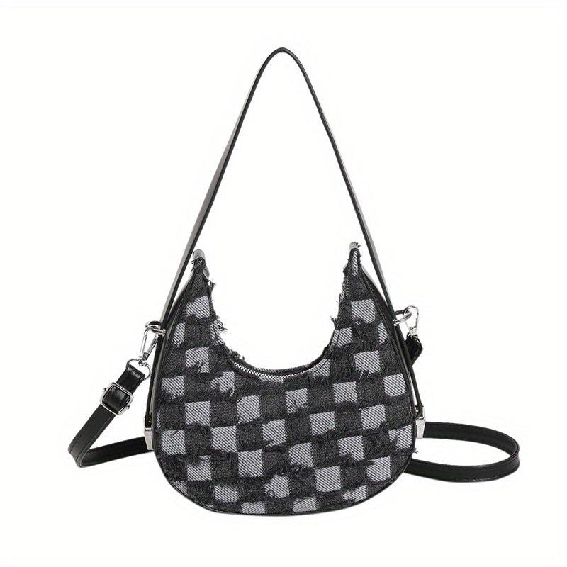 Plaid Pattern Crescent Bag Tassel Decor Underarm Bag