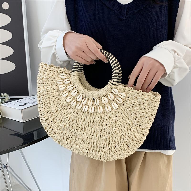 Shell Decor Straw Handbag Top handle Summer Beach Bag Women's Woven Basket Bag