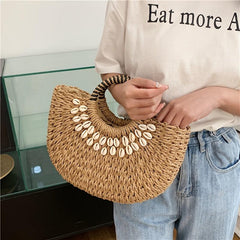 Shell Decor Straw Handbag Top handle Summer Beach Bag Women's Woven Basket Bag