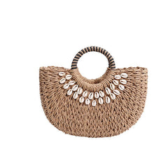Shell Decor Straw Handbag Top handle Summer Beach Bag Women's Woven Basket Bag