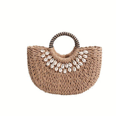 Shell Decor Straw Handbag Top handle Summer Beach Bag Women's Woven Basket Bag