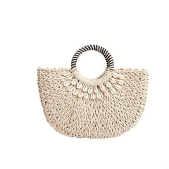 Shell Decor Straw Handbag Top handle Summer Beach Bag Women's Woven Basket Bag