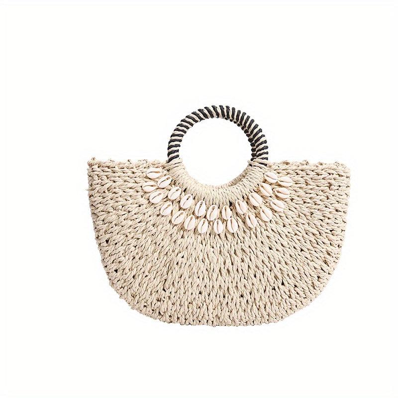 Shell Decor Straw Handbag Top handle Summer Beach Bag Women's Woven Basket Bag