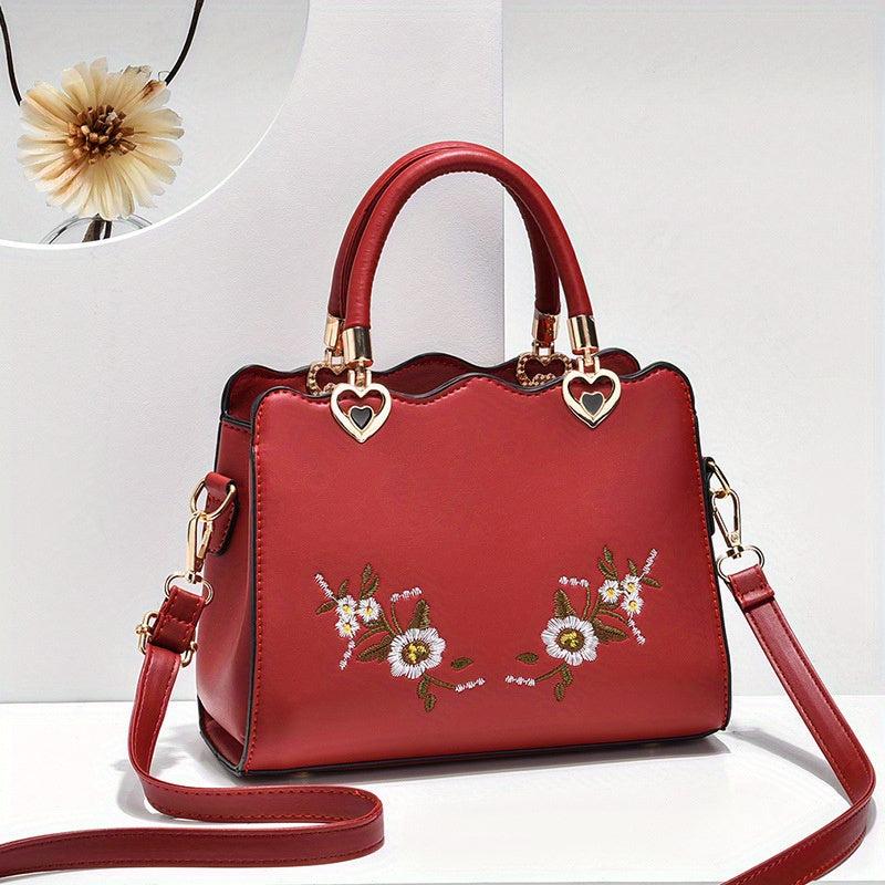 Floral Embroidered Crossbody Bag Faux Leather HandBag Shoulder Bag