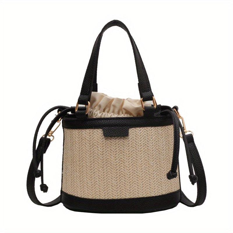 Straw Woven Handheld Crossbody Bucket Bag Summer Beach Bag