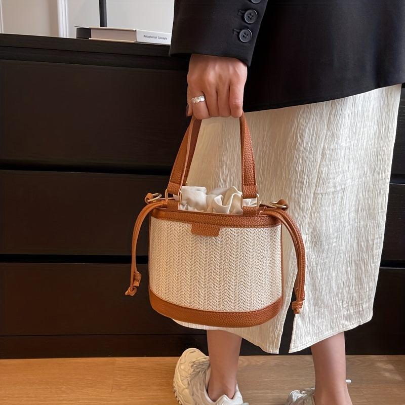 Straw Woven Handheld Crossbody Bucket Bag Summer Beach Bag