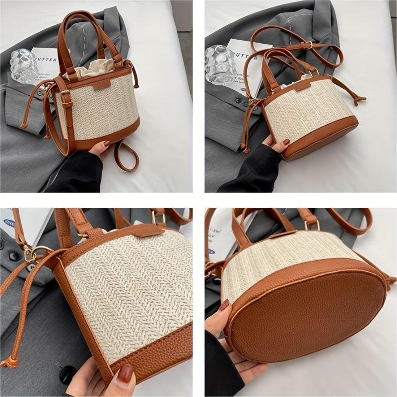 Straw Woven Handheld Crossbody Bucket Bag Summer Beach Bag