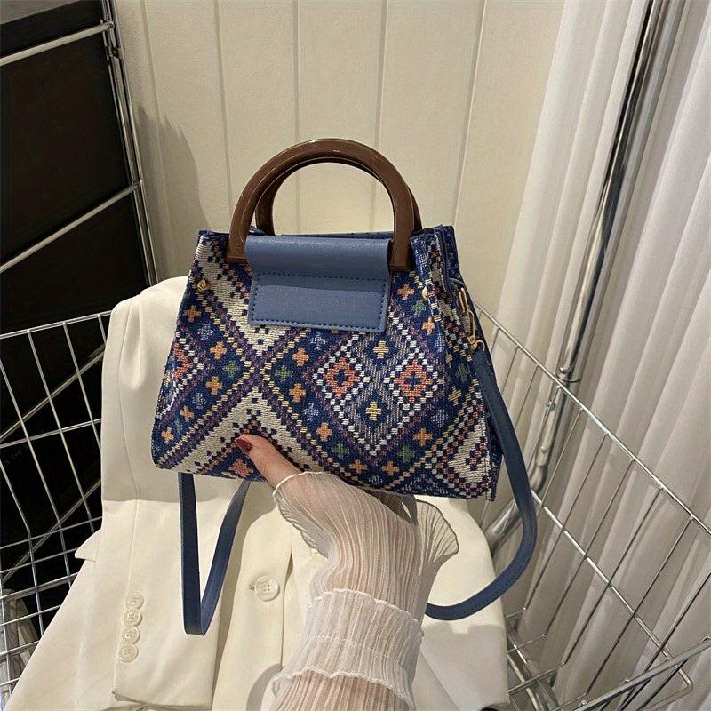 Ethnic Style Plaid Top Handle Satchel Crossbody Bag