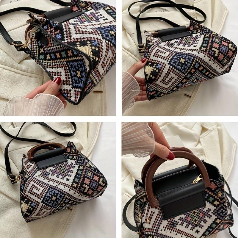 Ethnic Style Plaid Top Handle Satchel Crossbody Bag