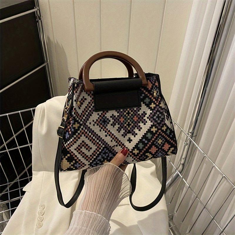 Ethnic Style Plaid Top Handle Satchel Crossbody Bag