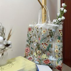 Embroidered Flower Pattern Mesh Handbag Lightweight Shopping Bag