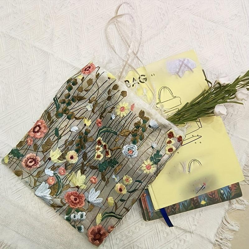 Embroidered Flower Pattern Mesh Handbag Lightweight Shopping Bag