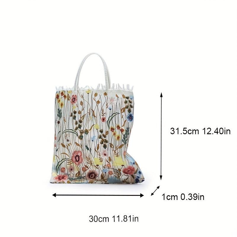 Embroidered Flower Pattern Mesh Handbag Lightweight Shopping Bag