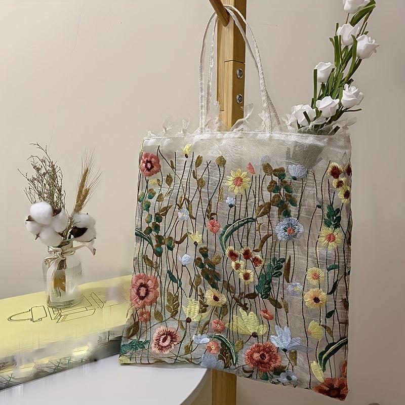 Embroidered Flower Pattern Mesh Handbag Lightweight Shopping Bag