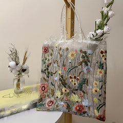 Embroidered Flower Pattern Mesh Handbag Lightweight Shopping Bag