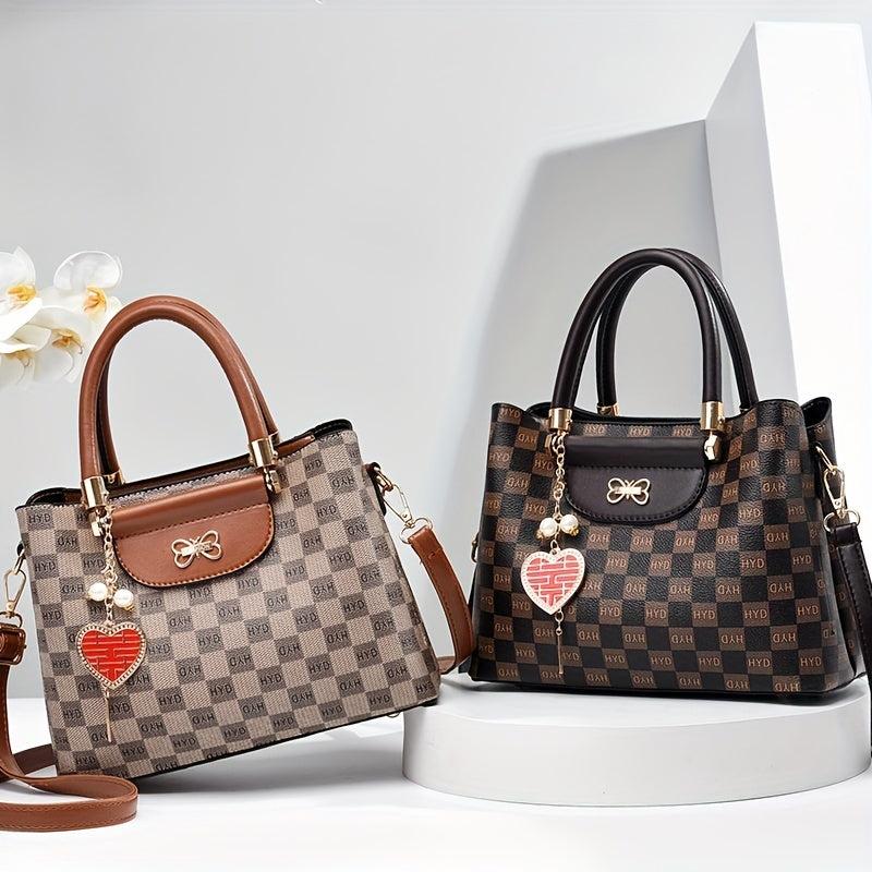 Plaid Top Handle Crossbody Bag PU Leather Classic Shoulder Bag