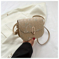 Boho Straw Crossbody Bag Flower Lace Shoulder Purse