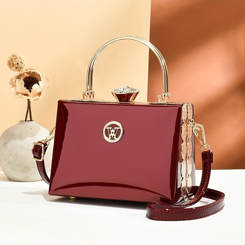 Rhinestone Decor Box Handbag Top Ring Clutch Purse Crossbody Bag