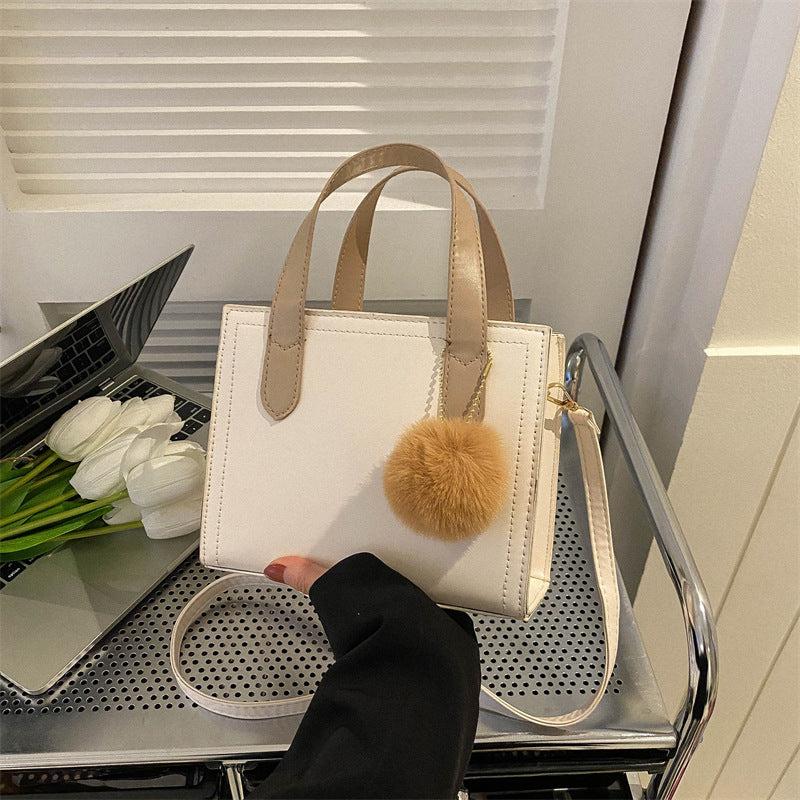 Colorblock Square Satchel Bag With Pom Pom