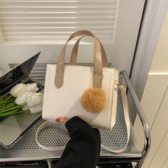 Colorblock Square Satchel Bag With Pom Pom