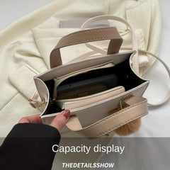 Colorblock Square Satchel Bag With Pom Pom