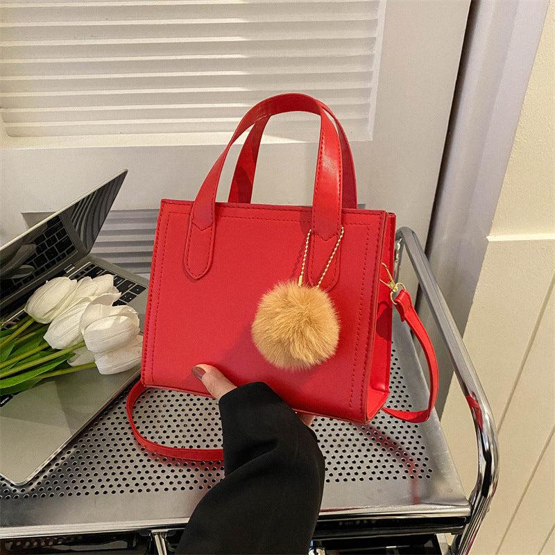 Colorblock Square Satchel Bag With Pom Pom