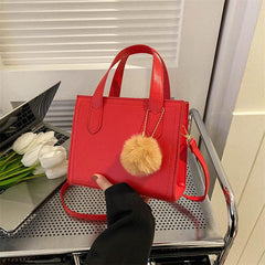 Colorblock Square Satchel Bag With Pom Pom