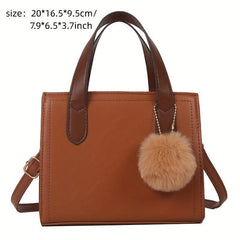 Colorblock Square Satchel Bag With Pom Pom