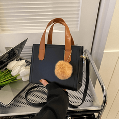 Colorblock Square Satchel Bag With Pom Pom