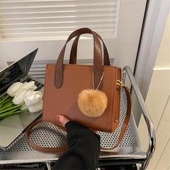 Colorblock Square Satchel Bag With Pom Pom