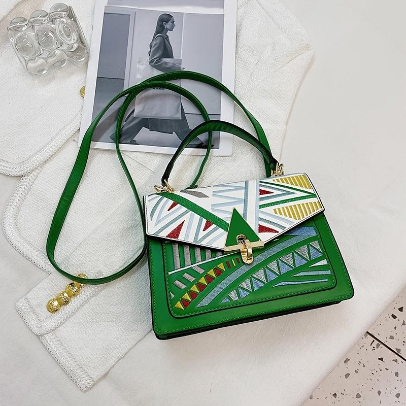 Colorblock Embroidery Square Bag Women's Shoulder Crossbody Purse