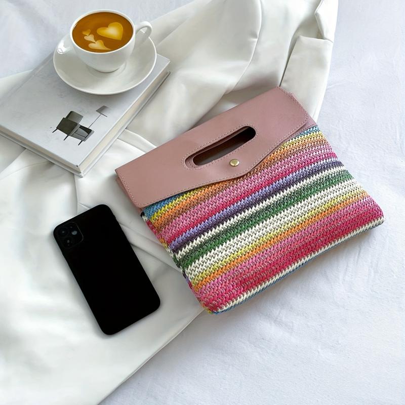 Rainbow Striped Clutch Purse Bohemian Woven Handbag