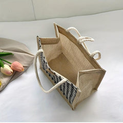 Houndstooth Pattern Linen Tote Bag Retro Buckle Decor Handbag