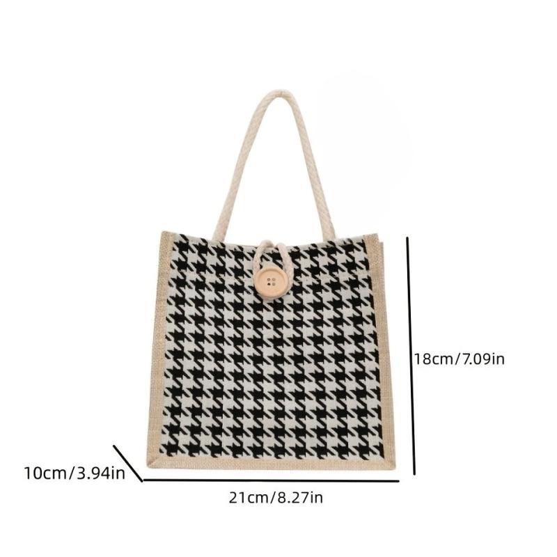 Houndstooth Pattern Linen Tote Bag Retro Buckle Decor Handbag