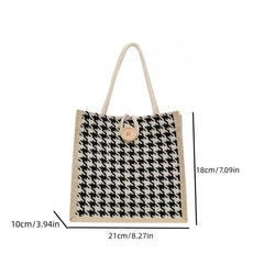 Houndstooth Pattern Linen Tote Bag Retro Buckle Decor Handbag