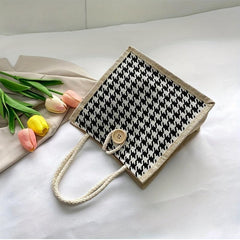 Houndstooth Pattern Linen Tote Bag Retro Buckle Decor Handbag