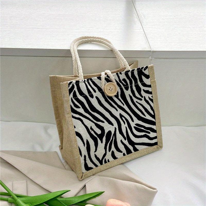 Houndstooth Pattern Linen Tote Bag Retro Buckle Decor Handbag