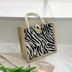 Houndstooth Pattern Linen Tote Bag Retro Buckle Decor Handbag