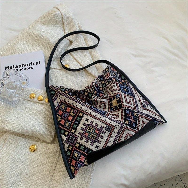 Geometric Pattern Canvas Hobo Bag Ethnic Style Shoulder Bag