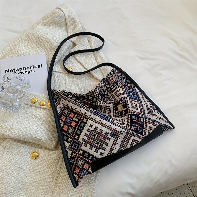 Geometric Pattern Canvas Hobo Bag Ethnic Style Shoulder Bag