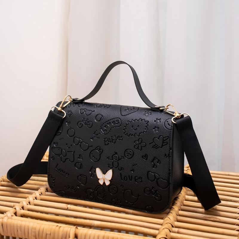 Embossed Square Handbag Bow Decor Flap Shoulder Bag
