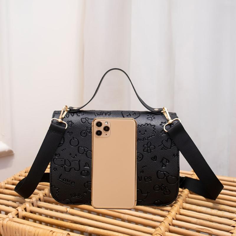 Embossed Square Handbag Bow Decor Flap Shoulder Bag