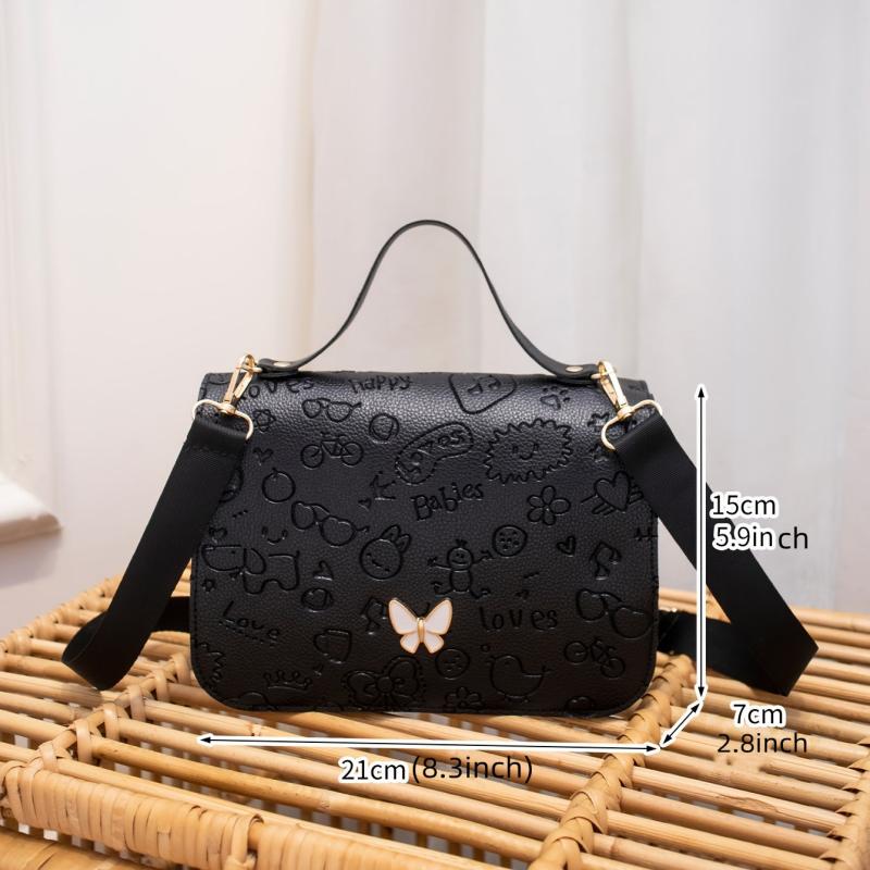 Embossed Square Handbag Bow Decor Flap Shoulder Bag